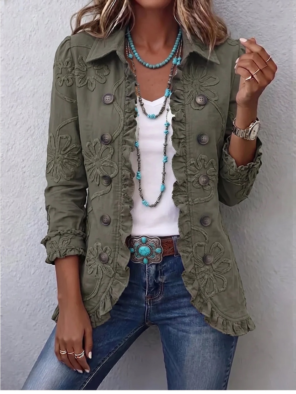 Floral Ruffle Jacket in Gray Size Medium